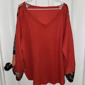 Vibrant Red Relaxed Ribbed Long Sleeve Blouse